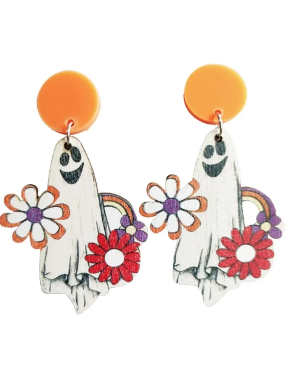 Orange Ghost & Flower Dangle Earrings - Kids Accessories